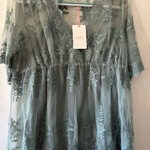 Entro Lace Embroidered Sheer Top with tank in sage green